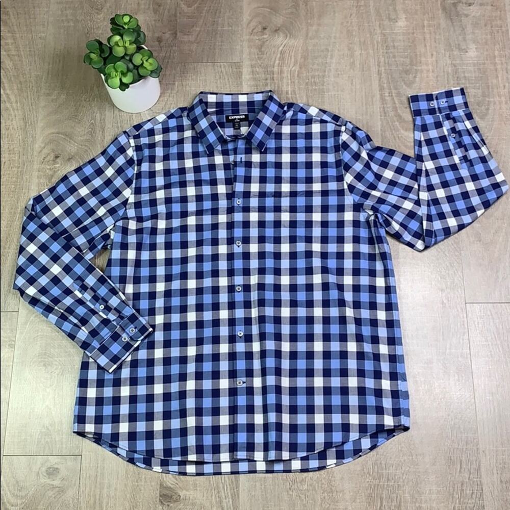 NWT EXPRESS Mens Blue Check Long Sleeve Button Down Shirt